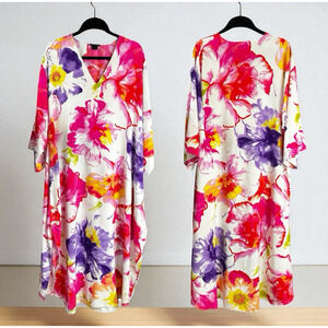 Natori Caftan Women's M Pink Purple Floral Lounge Maxi Gown Pockets V-Neck Beach